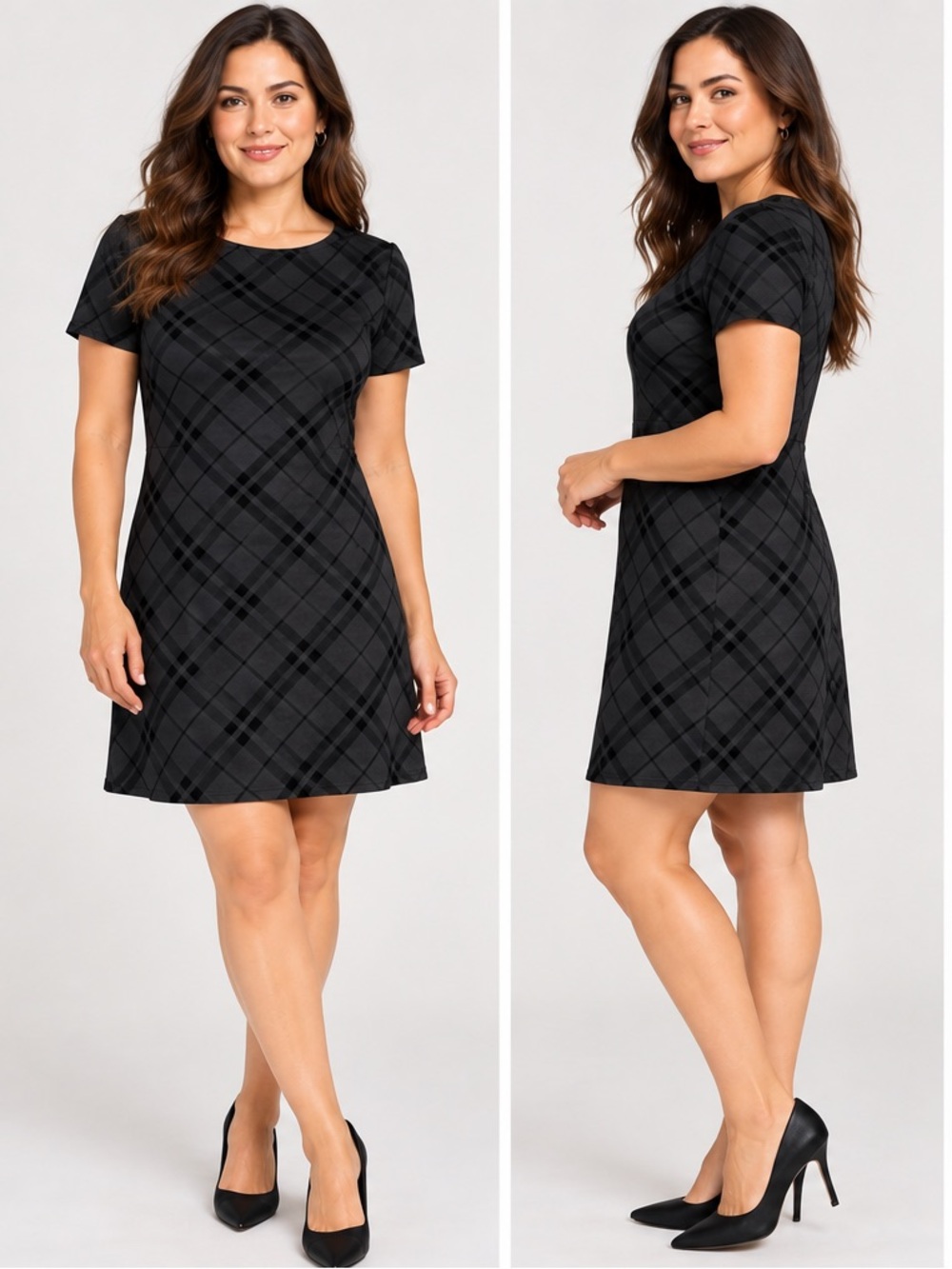 Suzy Shier Black Plaid Short Sleeve A-Line Dress